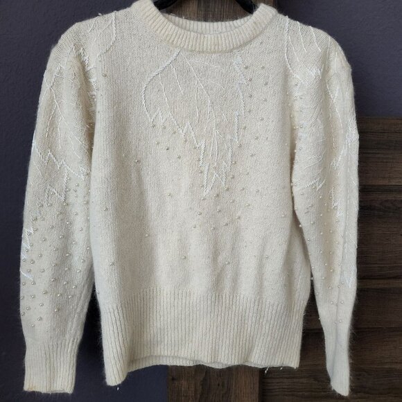 80s distinction White Cream‎ Large Sweater Beaded Silk Angora Wool Blend - Picture 1 of 10
